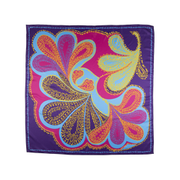 Paisley Knot Wrap, a traditional paisley pattern made up of pink, yellow, purple and blue, on a purple background.