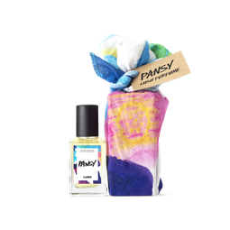 Pansy. A perfume bottle, wrapped in an artistic white, blue, pink, purple and orange knot wrap, complete with a brown gift tag. 