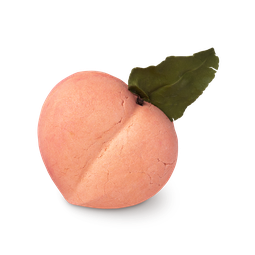 Peach Crumble Bubble Bar. Shaped like a peach in the natural orange and pink colour with a green leaf at the top.