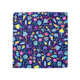 Plenty of Fish Knot Wrap, dozens of different species of yellow, purple, pink and blue fish, dotted over a dark blue background.