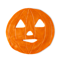 Pumpkin sheet mask, circular orange with eyes, nose and mouth cut out in the style of a Halloween pumpkin.