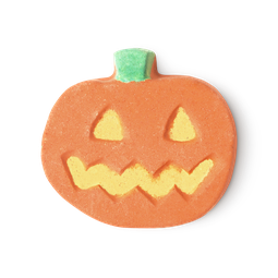 Punkin Pumpkin bath bomb, a jackolantern with orange face, yellow eyes and mouth and a green stalk.