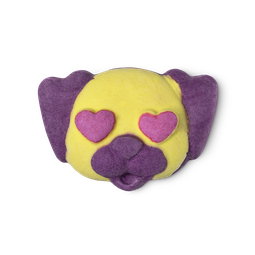 Puppy Love Bubble Bar. A cute cartoon puppy with purple ears and snout, a yellow face and red heart eyes.