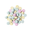 A pile of small, circular, multicoloured Refresher toothpaste tabs shot from above. 