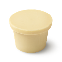 A cream coloured, naked body conditioner, shaped like an upside down top hat, with a 'brim' on top of a narrow cylinder.