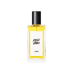 A glass perfume bottle filled with canary yellow liquid. A white label reads 'Rose Jam'.