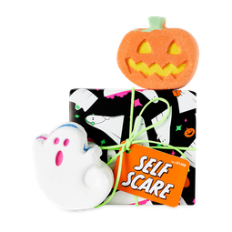 Self Scare gift, ghosts and pumpkins scatter over a black background with green and pink stars on a square gift box.