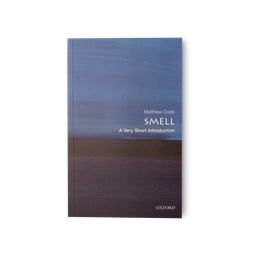 The Book 'Smell: A very short introduction' a printed cover stylized to depict paint in two colour blocks, blue and dark plum.