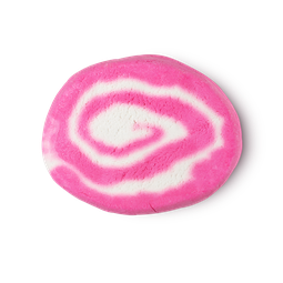 A pink bubble bath bar with a white swirl.