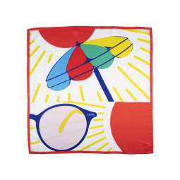 Sun Knot Wrap, a big colourful umbrella shelters a pair of Lush branded glasses from a bright red sun.