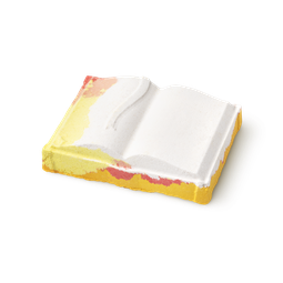 Knowledge. Shaped like an open book. White pages with orange and yellow on the edge of the left page and around the edge.
