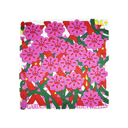 Thanks a Bunch. A bright pink trellis brimming with lots of red and pink happy smiling flower faces, green vines around them.
