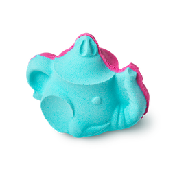The Elephant in The Tea Room. A 3D bath bomb, with one side blue, the other purple. It has eyes, tusks, and a trunk for a spout.