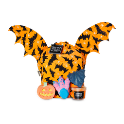 They Only Come Out at Night! gift, bats and stars scatter over an orange background on a drawstring bag.