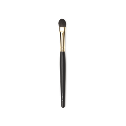 To The Point Brush. A concealer brush, with tapered brown, flat, densley packed  bristles. A gold and dark wooden handle.