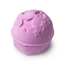 Twilight. A round, pink bath bomb, with cut out and embossed moon and stars decorating its top section.
