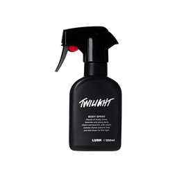 A spray bottle containing Twilight body spray, made of opaque black Lush plastic.