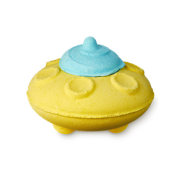 UFO bath bomb, a yellow spaceship shaped bath bomb with a blue lid.