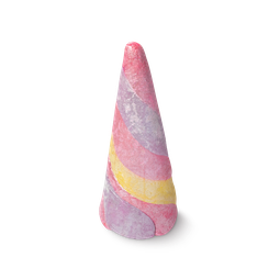 Unicorn Horn Bubble bar. An upright 3D horn made from swirls of shimmery pink, purple and yellow.