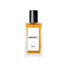A glass perfume bottle filled with dark amber liquid. A white label reads 'Vanillary'.