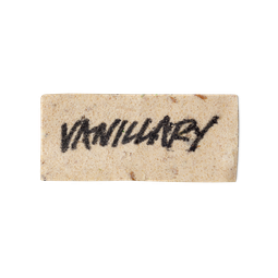 A cream coloured, rectangular washcard, consisting of apple pulp, with 'Vanillary' written across it in black Lush writing.