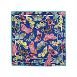 Vintage Butterflies Knot Wrap, ornate pink, blue and yellow butterflies cover this square wrap, on a blue background.