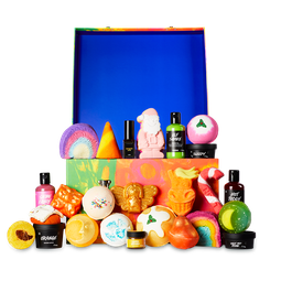 Lush Advent Calendar. The box has blue lid open, 25 products are displayed around the green, yellow, orange sides of the box.