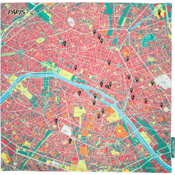 Paris Splash Map, a colourised map of Paris city centre, with some landmarks named and highlighted.