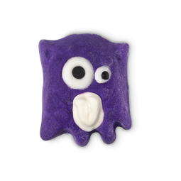 Worry Monster Bubble Bar. A cute purple monster with four short legs, two eyes, one bigger than the other and a white heart.
