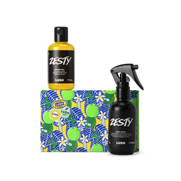 Zesty. A small rectangular box, printed with a pattern depicting a lime tree in bloom, in vibrant green, blue, yellow and white.