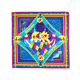 Gemini. A vibrantly, colourful square knot wrap with a striped border. The centre has a large diamond shape showing the Gemini star sign, and playful sun and moon depictions. 