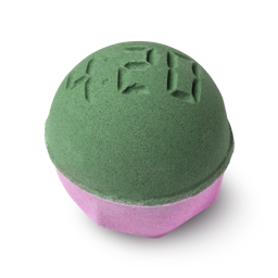 4:20. A round bath bomb with a pink base and dark green top half, with the time '4:20' stamped in digital style numbers across.