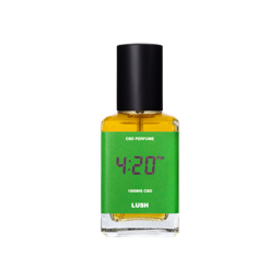 A glass perfume bottle filled with amber liquid. A green label reads 'CBD Perfume', '4:20PM' and '100MG CBD'.