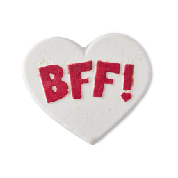 BFF. A large, white heart-shaped bubble bar. In the centre in big, red letters are B, F, F with an exclamation point. 