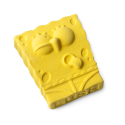 Spongebob Bath Bomb. The yellow, character-shaped bath bomb shows them making a funny face - LUSH is embossed on the bottom.