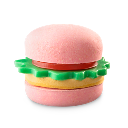 Krabby Bathy Bath Gift. Includes a bath bomb bun, tomato and lettuce soap and a patty bubble bar, stacked like a burger.