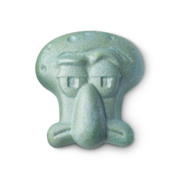 Squidward Bubble Bar. This glittery, blue, character-shaped product shows Squidward making his typical unimpressed expression.