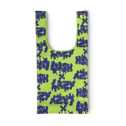 The Lush x Lazy carrier bag, a bright, light green with the Lush x Lazy Logo design on it in navy blue.