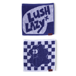 Both sides of the Lush x Lazy face cloth, one with the Lush x Lazy logo, the other with Wash Buddy design in navy blue.
