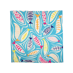 A Shoal of Fish Knot Wrap, a square Knot Wrap with pink, blue, orange, yellow striped and dotted fish on a blue background.