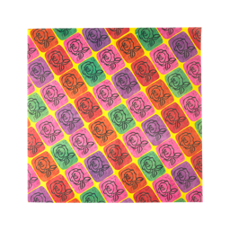 Abstract Roses. A diagonal, rigid grid of colourful squares on a yellow base each filled with a simple black rose print. 
