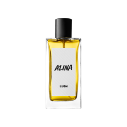 Alina. A tall, rectangle, glass bottle with a black cap top and a Lush sticker saying "Alina" on the front.