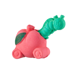 Apple A Day. An extravagant bath bomb consisting of a bright red, apple-shaped car complete with wheels and a removable green caterpillar.
