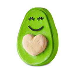 Avo Cuddle. A bright green, avocado-shaped bubble bar complete with heart-shaped stone and smile. 