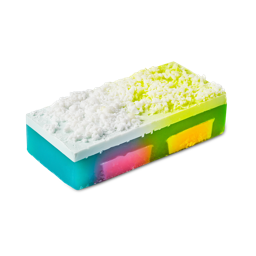 Baked Alaska. A rectangular blue-based soap with two pops of yellow and pink, topped with white frosting detail.