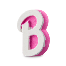 Barbie Bath bomb. A pink-bottomed, white-topped bath bomb in the shape of the iconic, cursive Barbie "B".