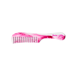 Barbie Comb. A wide-tooth comb, patterned in marbled pink and white with the Barbie X LUSH icon on the handle.