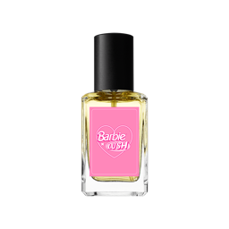 The iconic LUSH glass perfume bottle with a pretty pink label showing the Barbie X LUSH icon surrounded by a heart.