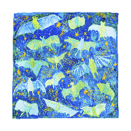 Bat Mates Knot Wrap, a blue and green scattering of bats on a blue background filled with stars.