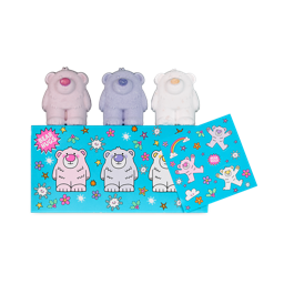 Bear Hugs. The image shows a rectangular gift box. It is light blue and decorated with three, coloured cartoon bears with snowflake, holly, star and flower decals. There are three matching coloured, bear-shaped bath bombs sitting on top of the box. 